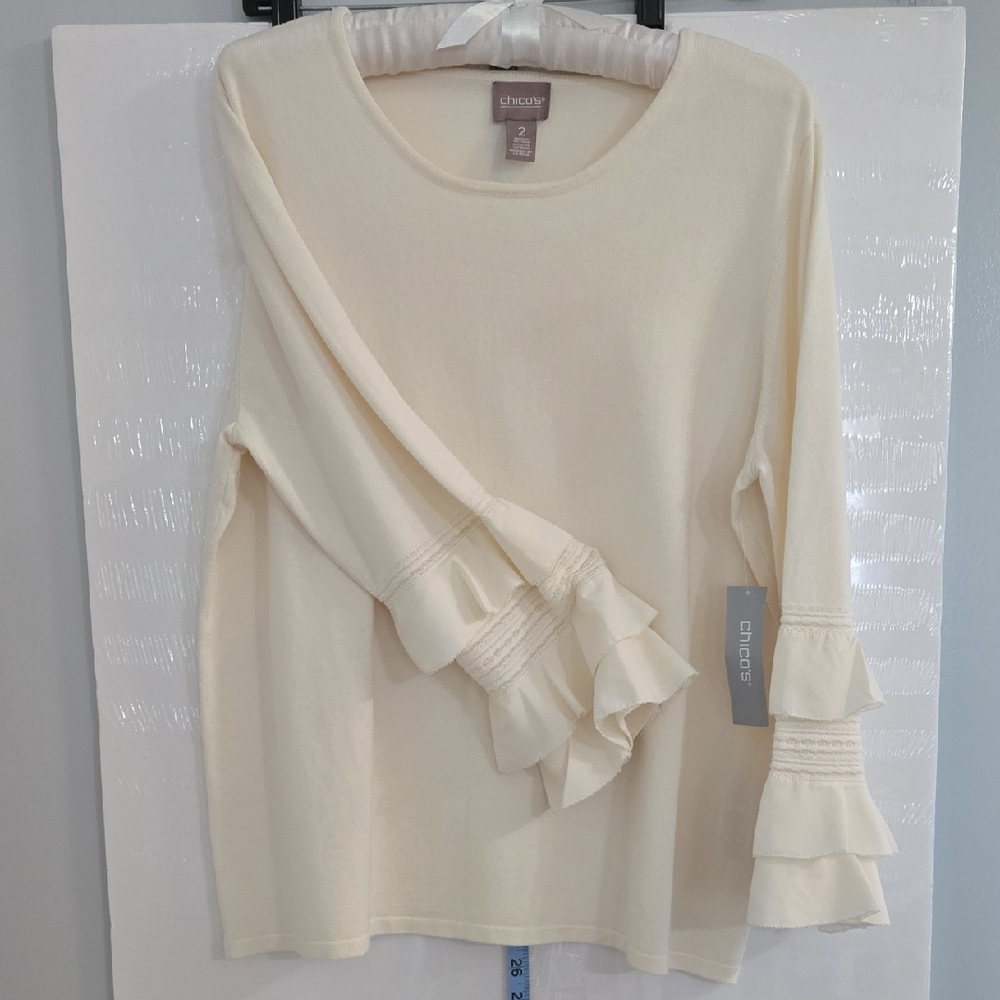NWT Chico's Cream Ruffled 3/4 Sleeve Blouse Size 2